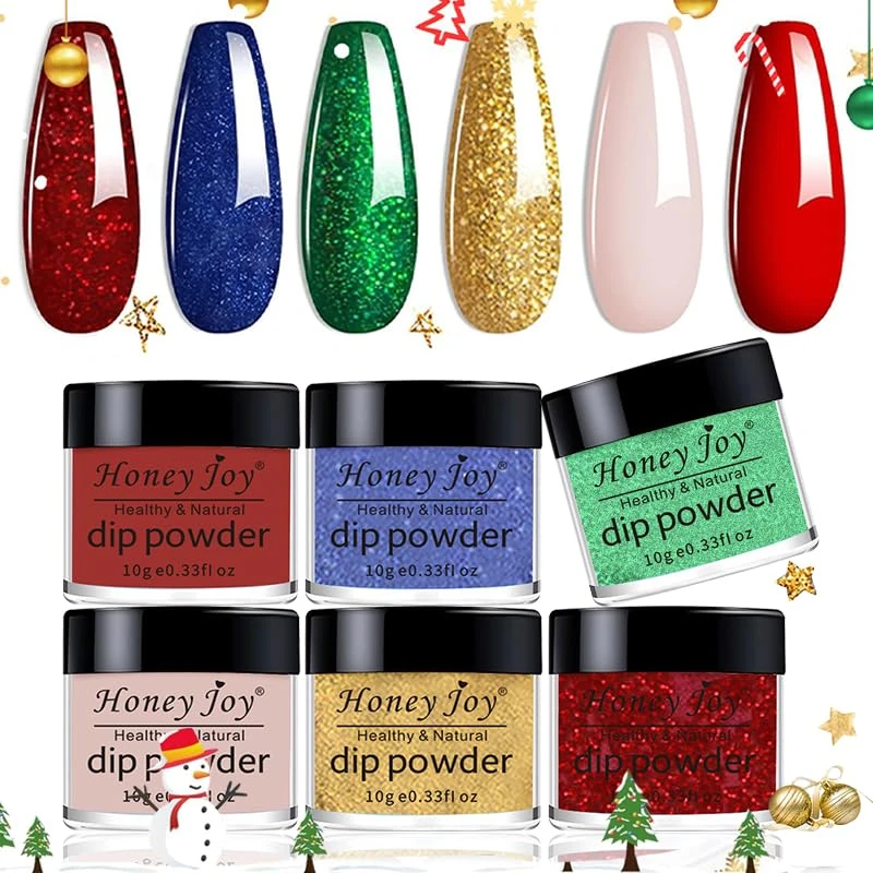 Honey Joy - 6 Tins Christmas Dipping Powder Set Red Green Blue Gold Nude Fine Powder Dip Nail Powder