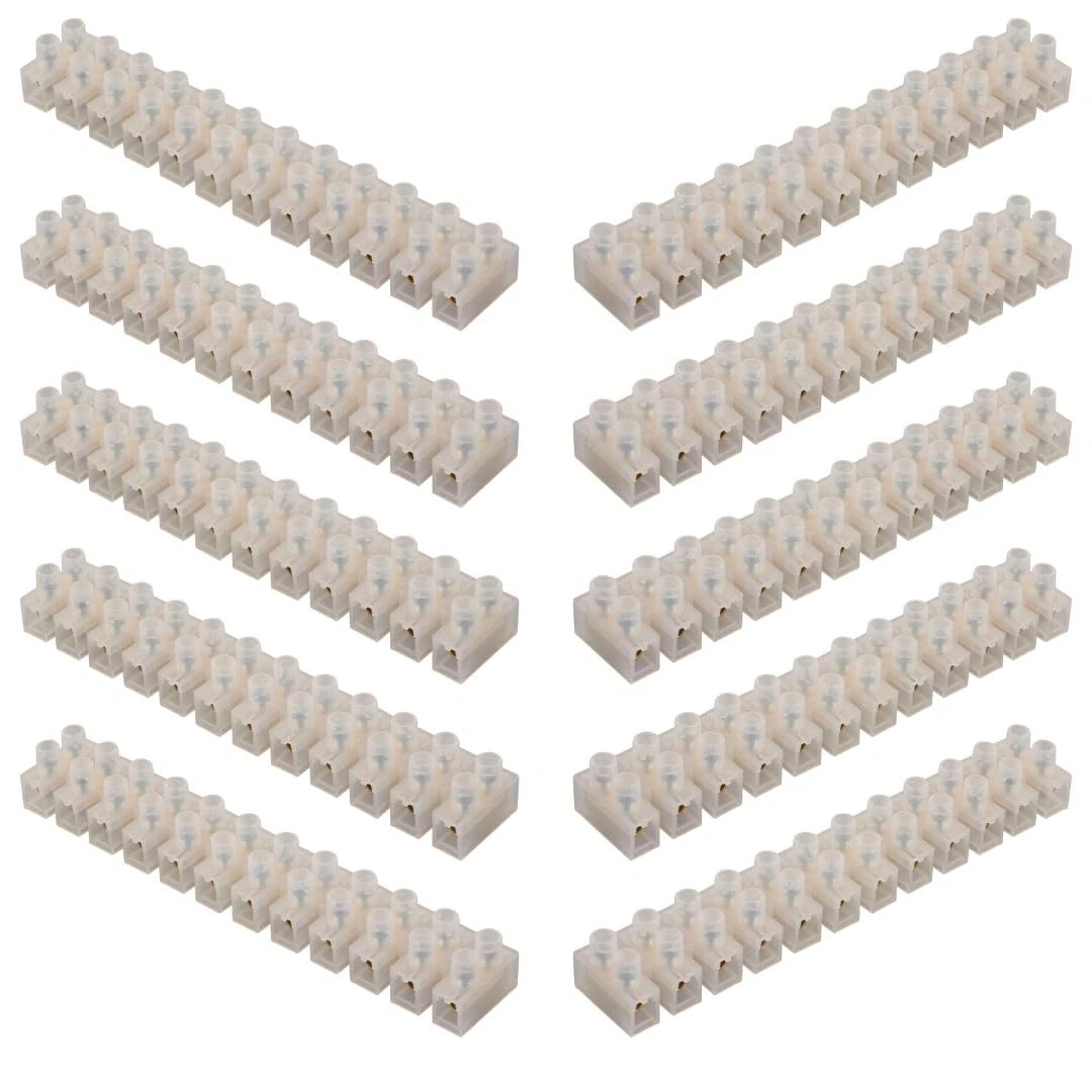 GTSE 10 Pack of 12 Way 10 Amp Electrical Connector Block, 129mm Length, White Terminal Block Electrical Connector Strips
