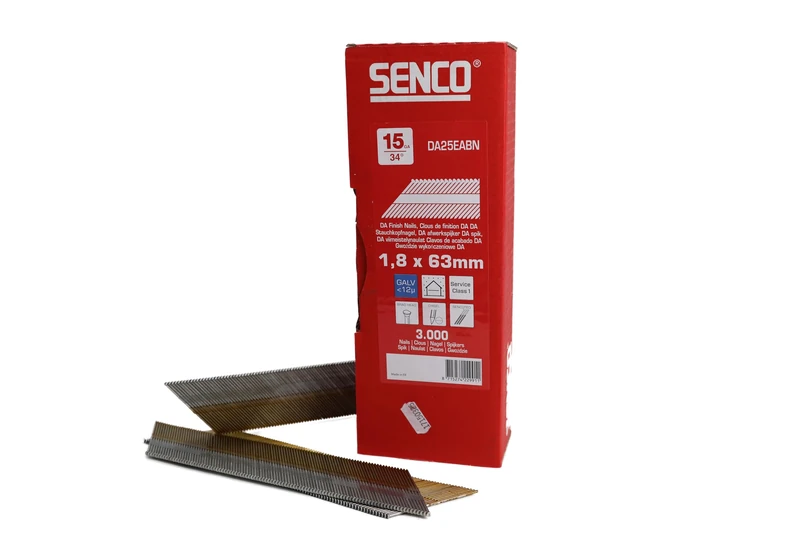 SENCO DA25EABN DA Finish Nails 1.8 x 63 mm – 15 Gauge - 34° Taped Strip - Galvanised Sencoted Smooth Shank Brad Head Nails - 3000 Pack for Furniture - Cabinets - Moldings & Trim Work