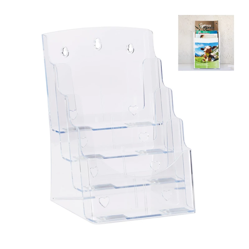 Relaxdays Prospectus Holder A4 / DIN Long, 4 Tiers, Acrylic, Flyer Display, Table or Wall, HWD: 35x24.5x24cm, Clear - Image 1