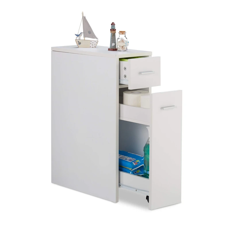 Relaxdays Slide-Out Storage Cabinet, Bathroom & Kitchen, 2 Drawers, Narrow Trolley, Space-Saver, HWD 61.5x20x45cm, White
