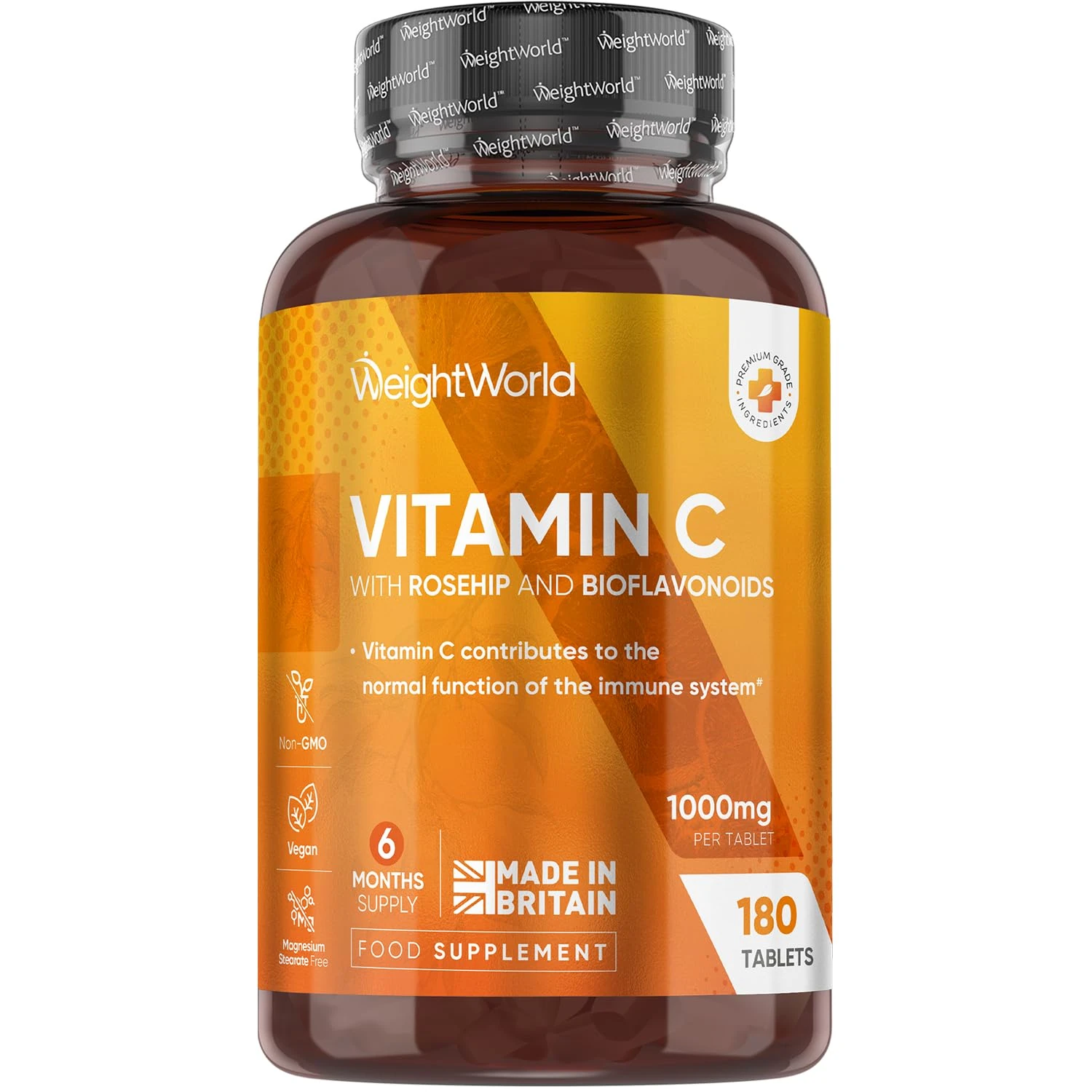 Vitamin C Tablets 1000mg - 180 Tablets - 6 Months Supply - Added Rosehips & Bioflavonoids - Vegan, Gluten-Free & Non-GMO - VIT C Supplement (As Ascorbic Acid) - 1 per Day - Made in The UK