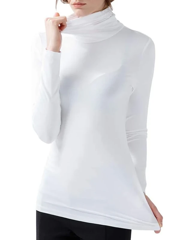 Zueauns Womens Polo Stretch Roll High Neck Long Sleeves T-Shirt Ladies Thermal Underwear Turtle Neck Top Shirt Tee(White,M)