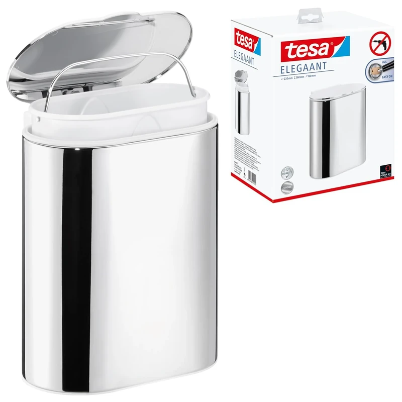 tesa ELEGAANT Cosmetic Bin - Self-Adhesive, Stainless-Steel Makeup Bin with Soft-Close Function Lid and Interior Can - Waterproof, incl. Power.Kit Adhesive Solution - 160mm x 270mm x 220mm