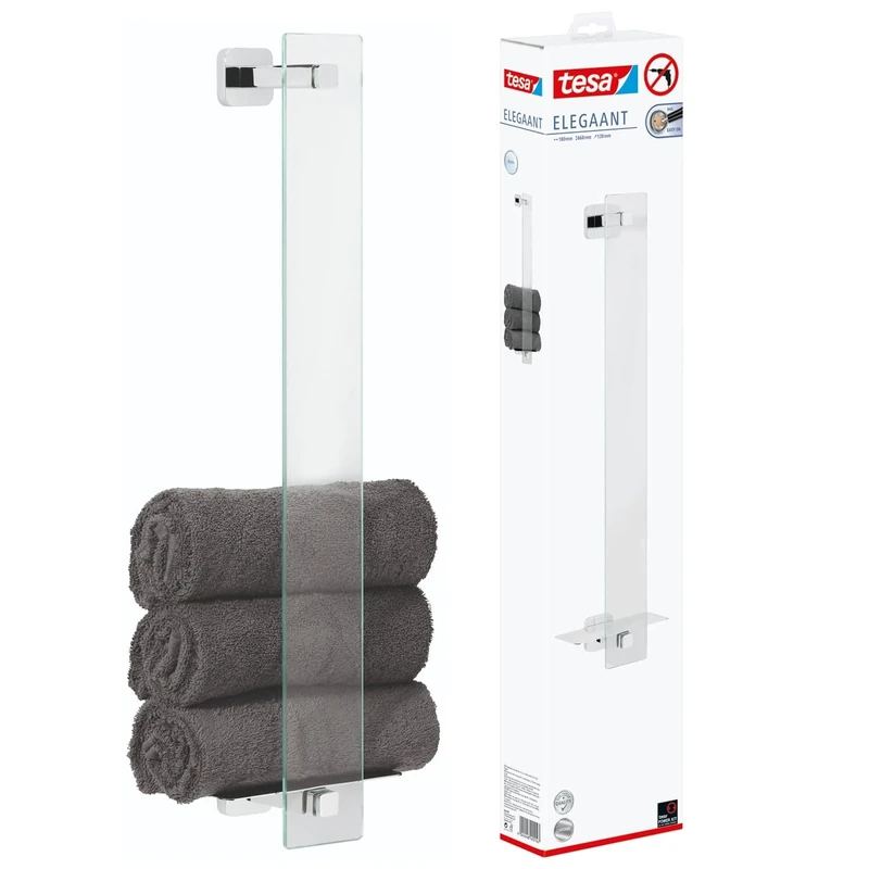 tesa ELEGAANT Guest Towel Holder - Vertical Hand Towel Holder in White Frosted-Glass Design - Wall-Mounted Towel Bar - Waterproof, incl. Power.Kit Adhesive Solution - 667 mm x 180 mm x 128 mm