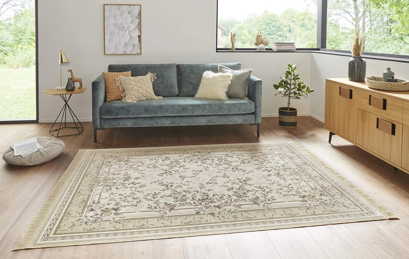 Nouristan Naveh Orient Living Room Rug, Short Pile with Fringes, Vintage Oriental Velvet Rug for Dining Room, Living Room, Bedroom, Cream Beige, 160 x 230 cm, Rayon, 160 x 230 cm