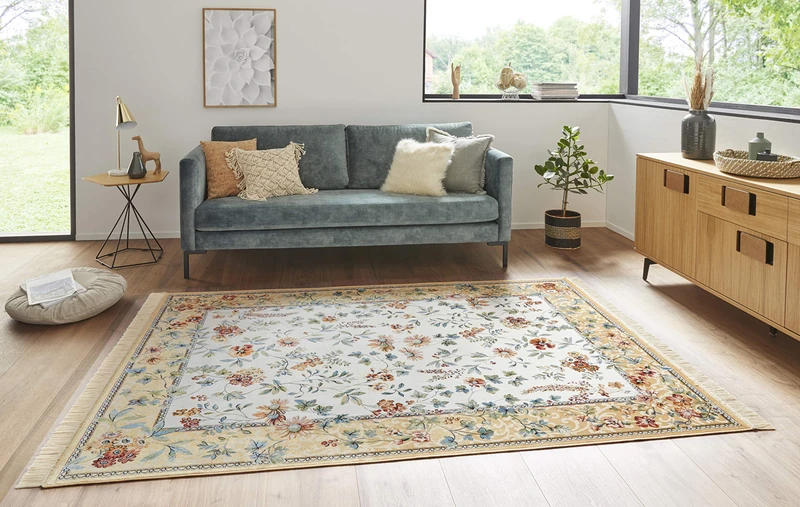 Nouristan Naveh Oriental Rug Living Room Rug Oriental Short Pile with Fringes Vintage Oriental Velvet Rug for Dining Room Living Room Bedroom Cream Corduroy 95 x 140 cm - Image 1
