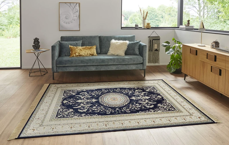 Nouristan Naveh Oriental Rug Living Room Rug Oriental Short Pile with Fringes Vintage Oriental Velvet Rug for Dining Room Living Room Bedroom Dark Blue 135x195cm