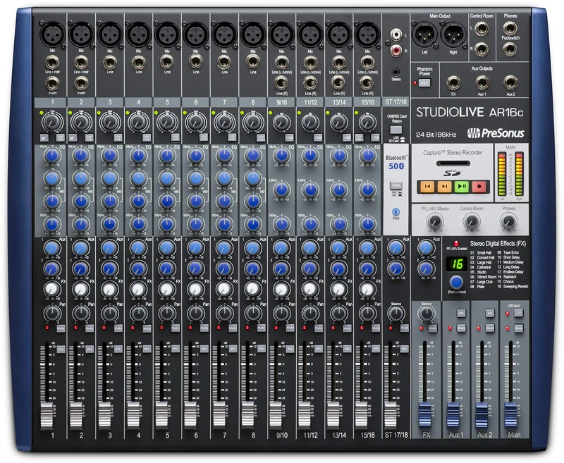 PreSonus StudioLive AR16c Analog Mixer, Hybrid Digital,18-Channel, USB-C Compatible Audio Interface/Stereo SD Recorder With Recording Software Bundle - Image 1