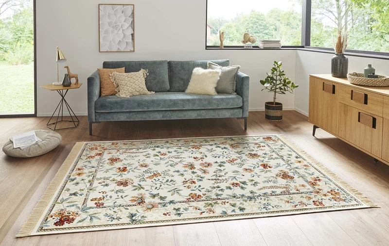 Nouristan Naveh Orient Living Room Rug, Short Pile with Fringes, Vintage Oriental Velvet Rug for Dining Room, Living Room, Bedroom, Cream, 160 x 230 cm, 160 x 230 cm