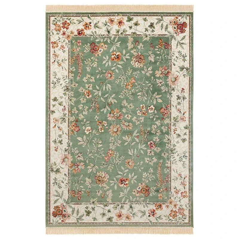 Nouristan Naveh Orient Living Room Rug, Short Pile with Fringes, Vintage Oriental Velvet Rug for Dining Room, Living Room, Bedroom, Green, 135 x 195 cm, Rayon, 135 x 195 cm