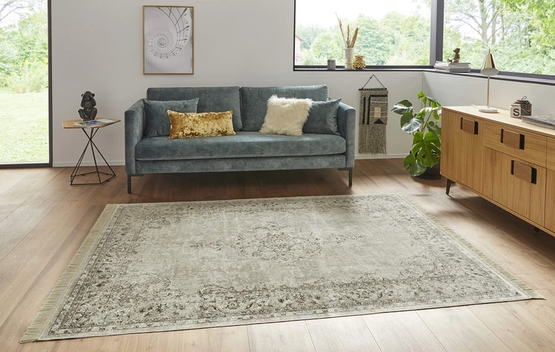 Nouristan Oriental Rug - Living Room Rug with Fringes Oriental Vintage Medallion Naveh Velvet Rug for Living Room, Bedroom, Dining Room, Kitchen, Hallway - Cream, 160 x 230 cm