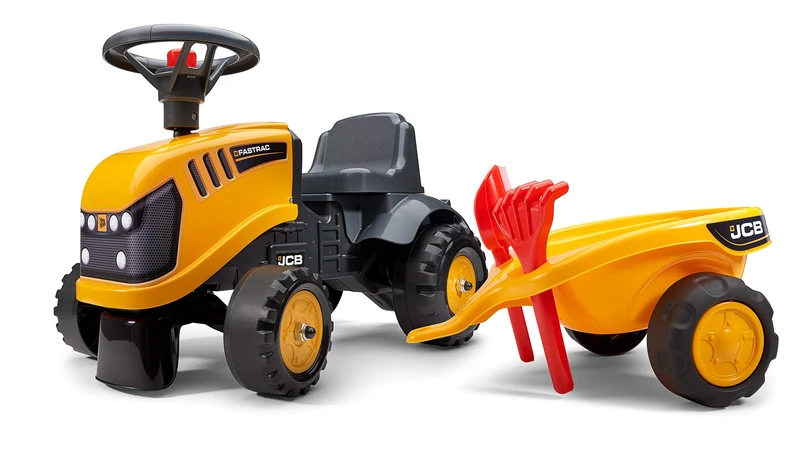 Falk Baby JCB ride-on tractor with trailer, rake & shovel - outdoor ride on tractor for kids ages 12 months +