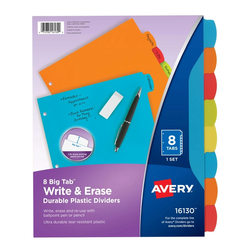 Avery Big Tab Write & Erase Durable Plastic Dividers for 3 Ring Binders, 8-Tab Sets, Bright Multicolor, 24 Sets, 192 Divider Tabs (16130)