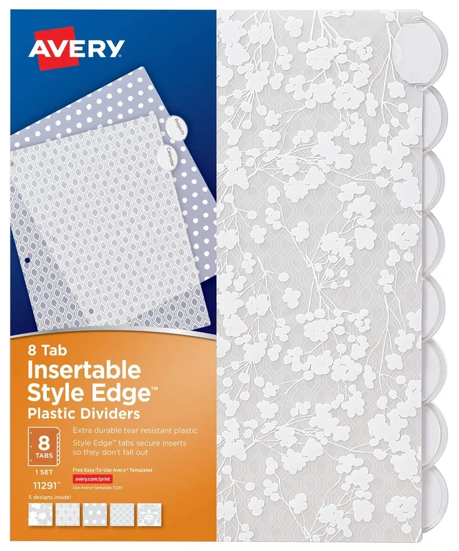 Avery Style Edge Insertable Plastic Dividers, 8 Tabs, 1 Set, Assorted Fashion Designs, 24 Packs (11291)