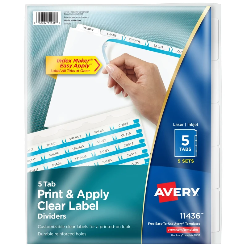 Avery 5-Tab Binder Dividers, Easy Print & Apply Clear Label Strip, Index Maker, White Tabs, 10 Packs (11436)