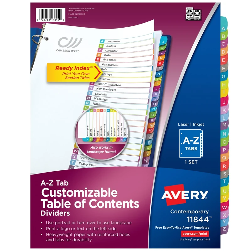 Avery A-Z 26 Tab Dividers for 3 Ring Binders, Customizable Table of Contents, Multicolor Tabs, 1 Set, 12 Packs (11844) - Image 1