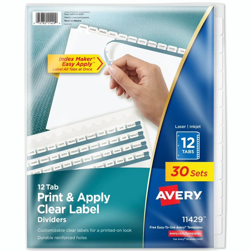 Avery 12-Tab Binder Dividers, Easy Print & Apply Clear Label Strip, Index Maker, White Tabs, 10 Packs (11429)