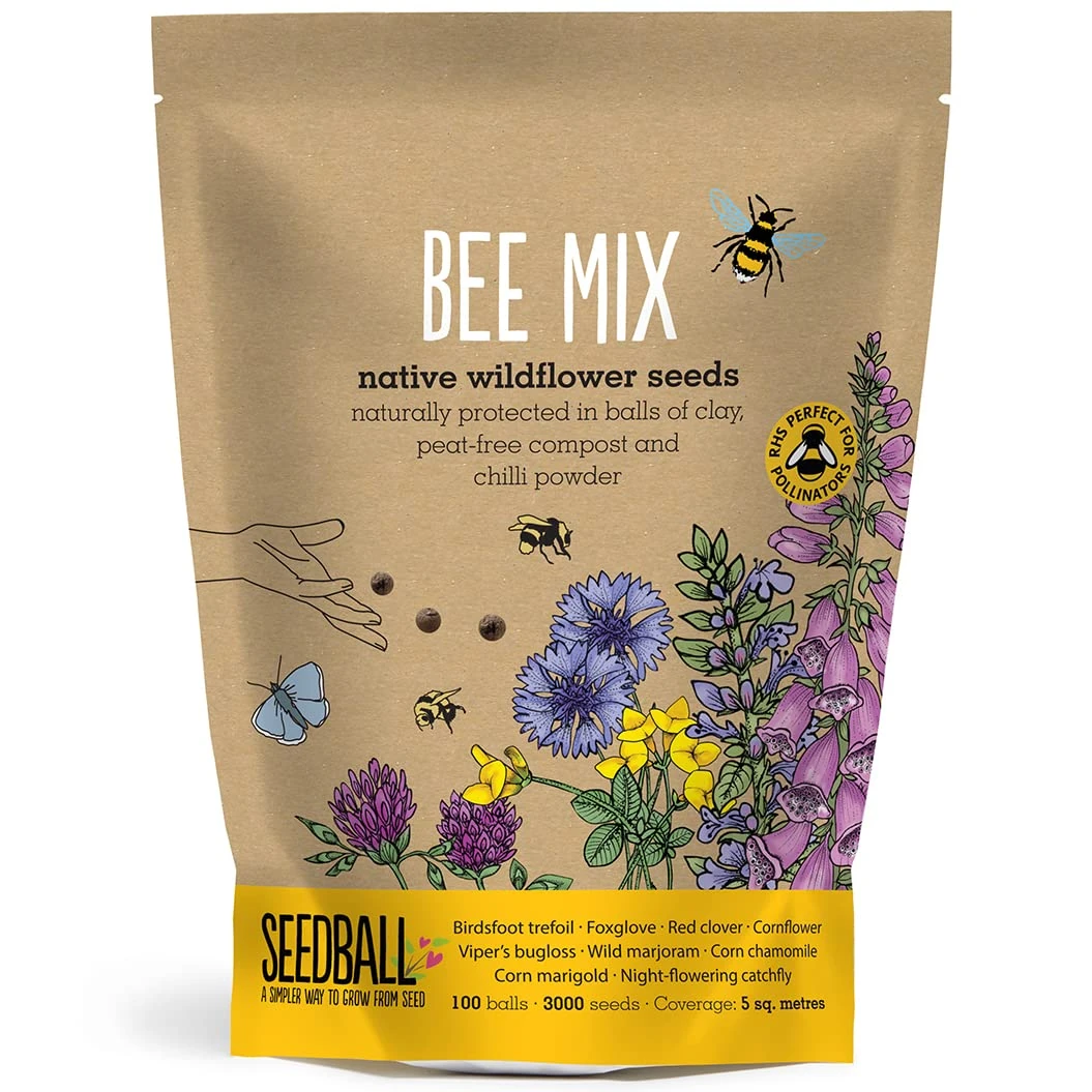 SEEDBALL Bee Mix Seed Bombs - 100 Seed Balls Per Pack | Bee Friendly British Wildflower Seeds - Clay Seed Bomb Mix of Poppy, Chamomile, Cornflower, Corn Marigold & Night–Flowering Catchfly
