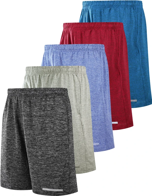 Liberty Imports Pack of 5 Men's Athletic Basketball Shorts Mesh Quick Dry Activewear with Pockets, Heather Charcoal/Light Gray/Red/Blues, Medium