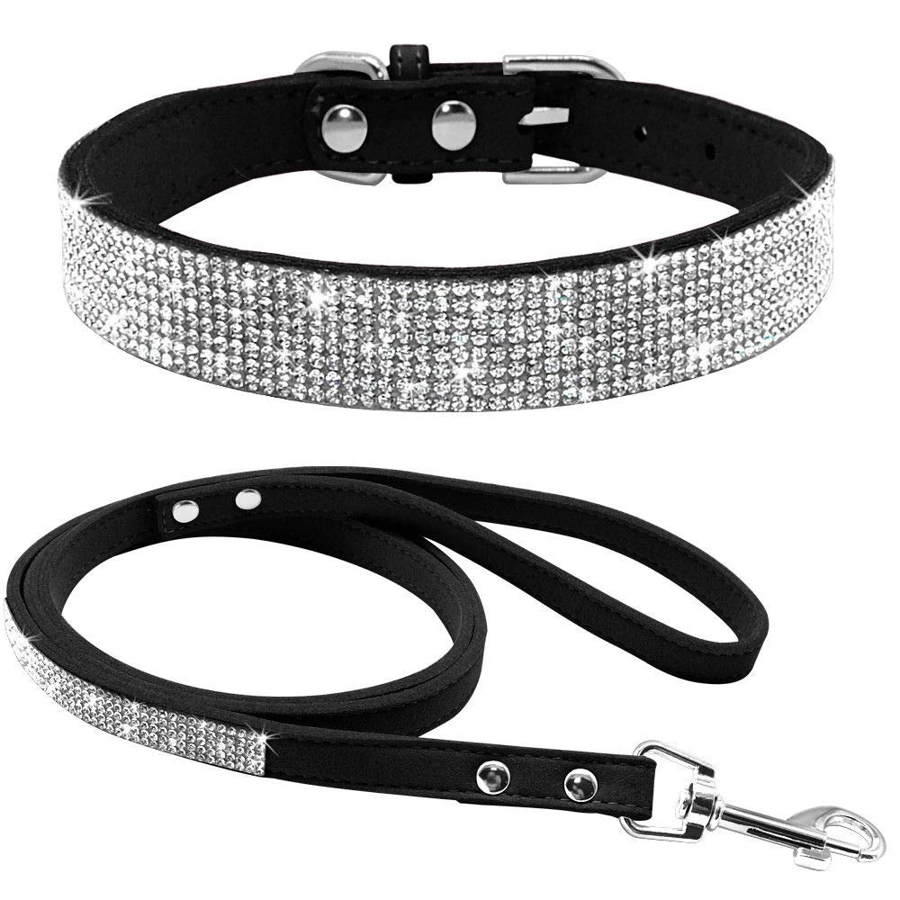 haoyueer Cute Dazzling Sparkling Elegant Fancy Soft Suede Leather Bling Rhinestone Crystal Jeweled Pet Cat Dog Puppy Collar Dog Leash Combo Set (XS, Black)