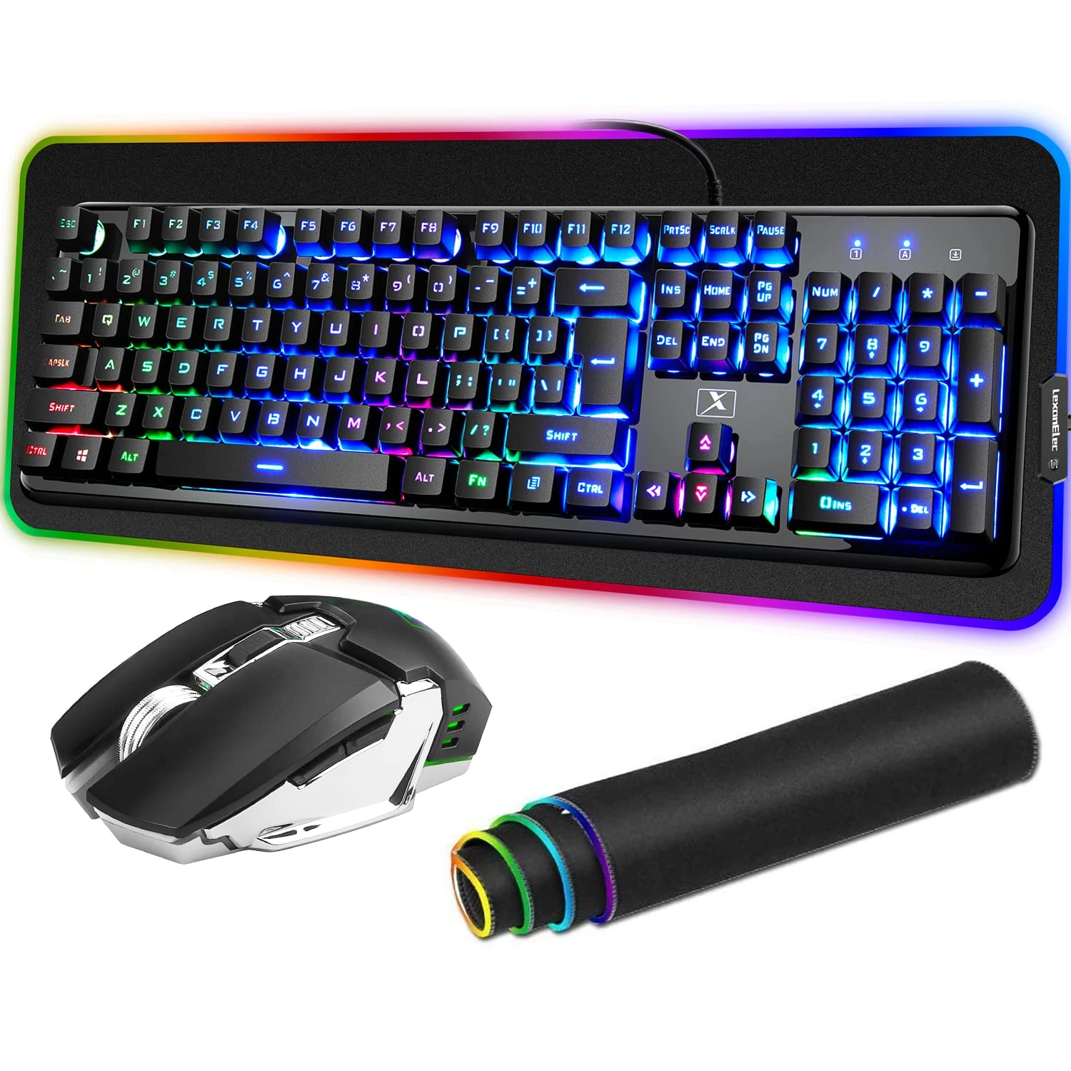 Wireless Gaming Keyboard Mouse Mousepad, Rainbow Backlit Need to charge 4800 mAh Battery Backlit Gaming Keyboard 2400DPI 6 Buttons Optical Mice 10 Color RGB Mouse Pad Compatible with Laptop PC