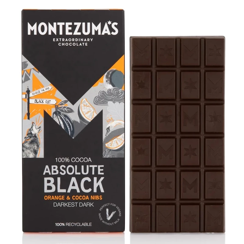 Montezuma's Black 100% Cocoa Chocolate - Orange & Nibs, Vegan (90g)