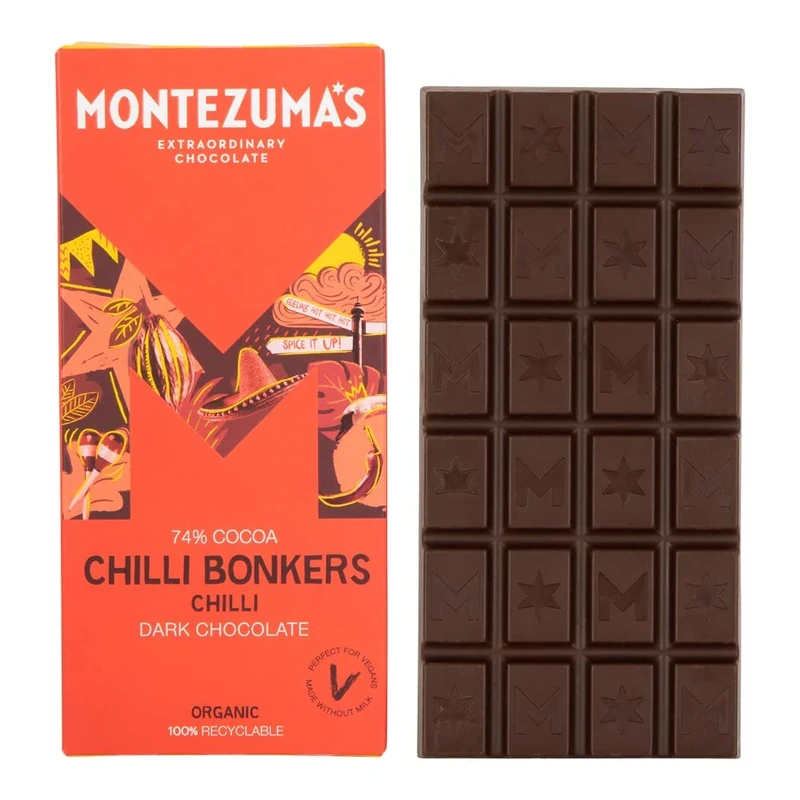 Montezuma's Chilli Bonkers, 74% Cocoa, Dark Chocolate With Chilli, Gluten Free, Naturally Vegan & Organic, 90g Bar