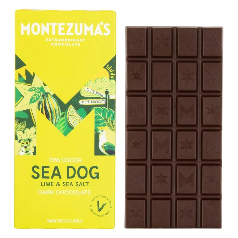 Montezuma's Sea Dog, 70% Cocoa, Dark Chocolate With Sea Salt & Lime, Gluten Free & Naturally Vegan, 90g Bar