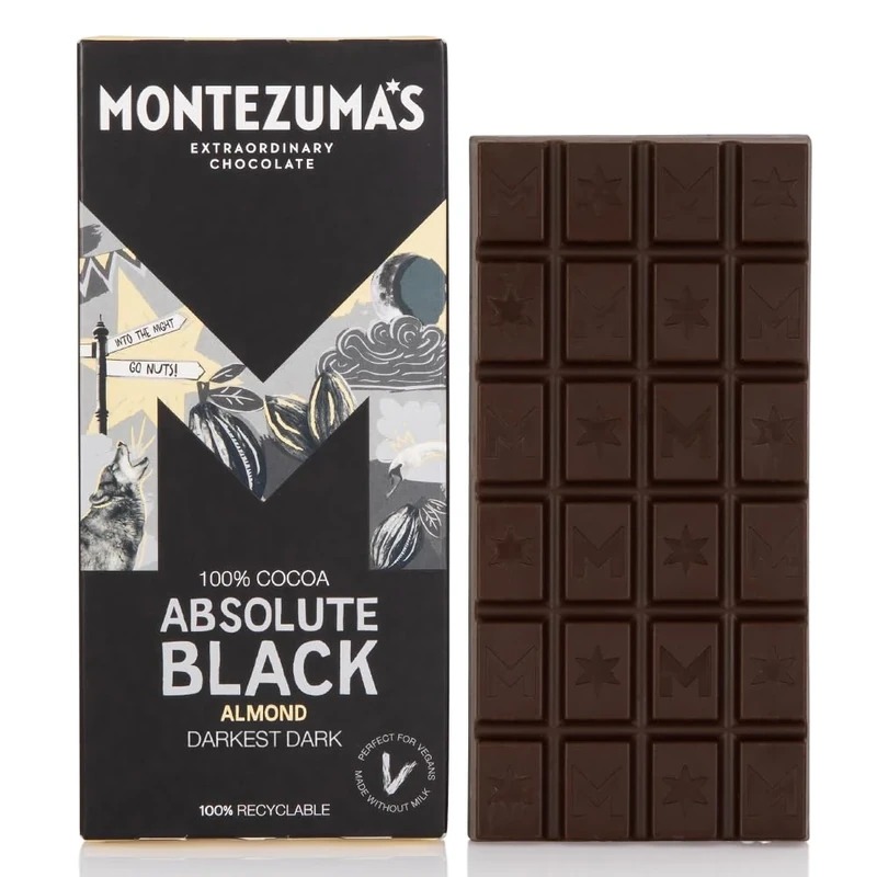 Montezuma Black 100% Cocoa Dark Chocolate Almonds - Vegan GF 90g Bar