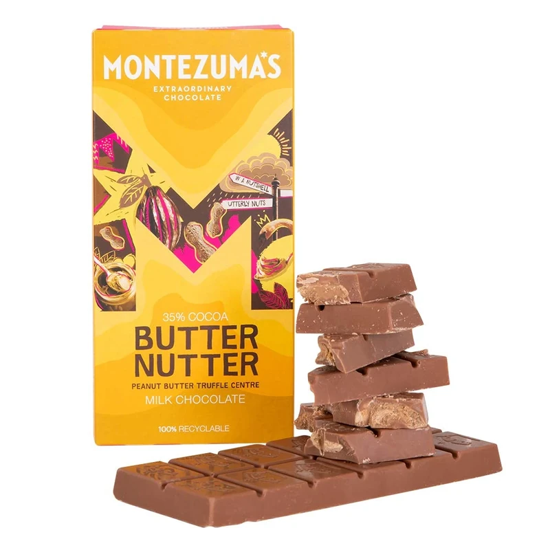 Montezuma's Butter Nutter, 35% Cocoa, Milk Chocolate With Peanut Butter Truffle Centre, Gluten Free, 90g Bar