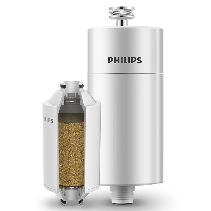 Philips Water in-Line Shower Filter and 1 Replacement Cartridge, 50 000 L Filtration Capacity, White, Reduces Chlorine by up to 99%, Easy to Install, fits All Standard Hoses and taps