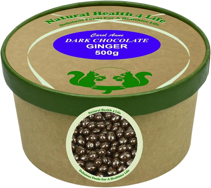 Natural Health 4 Life Carol Anne Confectionery Dark Chocolate Ginger 500 g in Recyclable Kraft Tub and sealed with kraft paper(1 Tub)