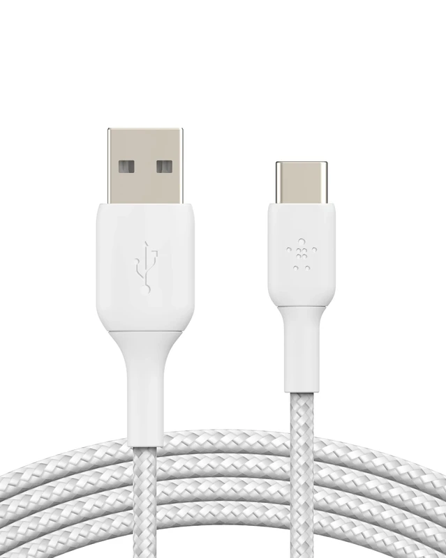 Belkin BoostCharge Braided USB C charger cable, USB-C to USB-A cable, USB type C charging cable for iPhone 16, 15, Samsung Galaxy S24, S23, Pixel, iPad, MacBook, Nintendo Switch and more - 2m, White