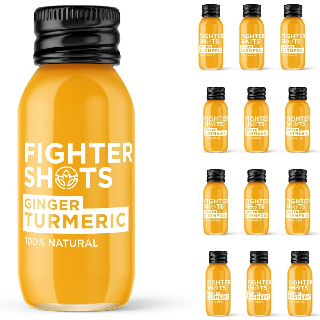 Fighter Shots Ginger Turmeric Shots (12x60ml) | Reduces Bloating | Boosts Immunity | 100% Natural | Perfect Morning/Post Workout Pick Me Up | No Preservatives | Fresh and Fiery Turmeric Shots