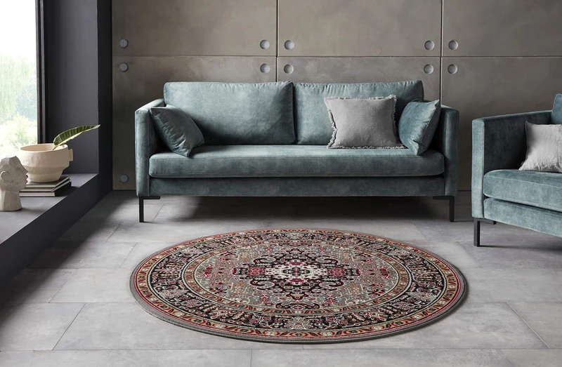 Nouristan Mirkan Oriental Rug Round Living Room Rug Oriental Short Pile Vintage Oriental Rug for Dining Room Living Room Bedroom – Grey, 160 cm