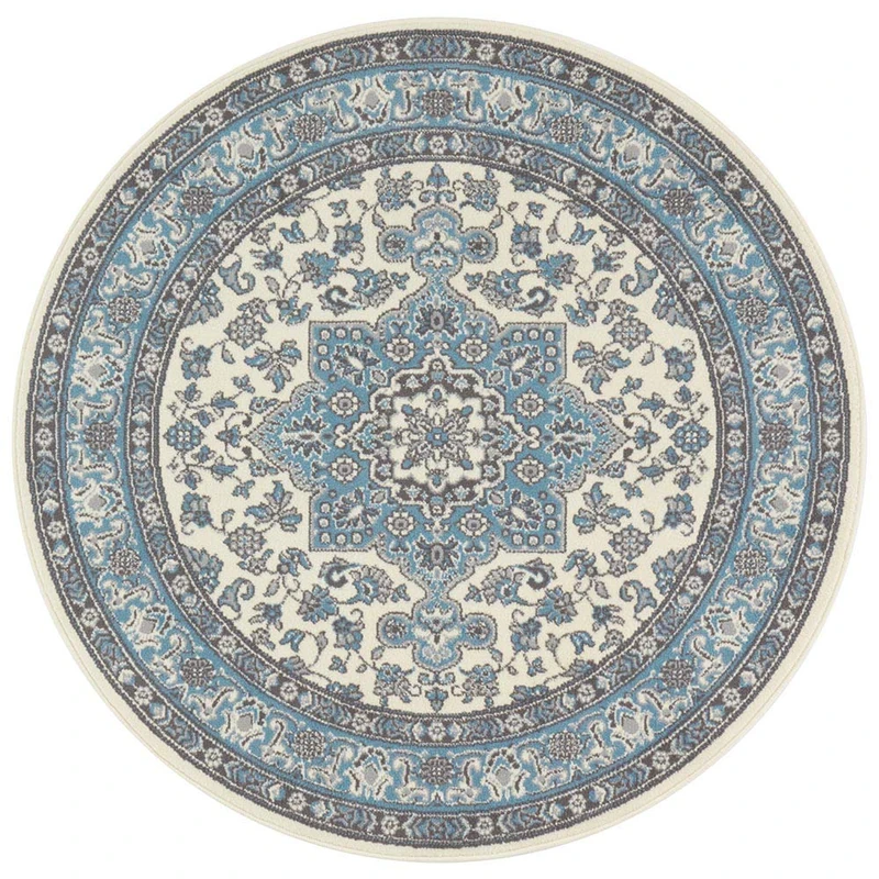 Nouristan Mirkan Orient Round Living Room Rug Short Pile Vintage Oriental Rug for Dining Room, Living Room, Bedroom - Cream Sky Blue, 160 cm, Polypropylene, Diameter 160 cm