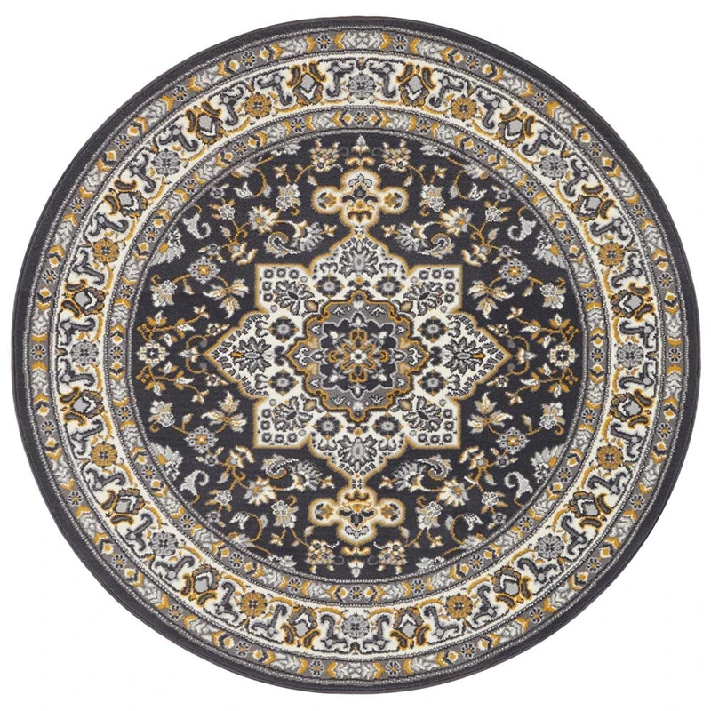 Nouristan Mirkan Oriental Round Rug - Living Room Rug Oriental Short Pile Vintage Oriental Rug for Dining Room, Living Room, Bedroom - Dark Grey, 160 cm