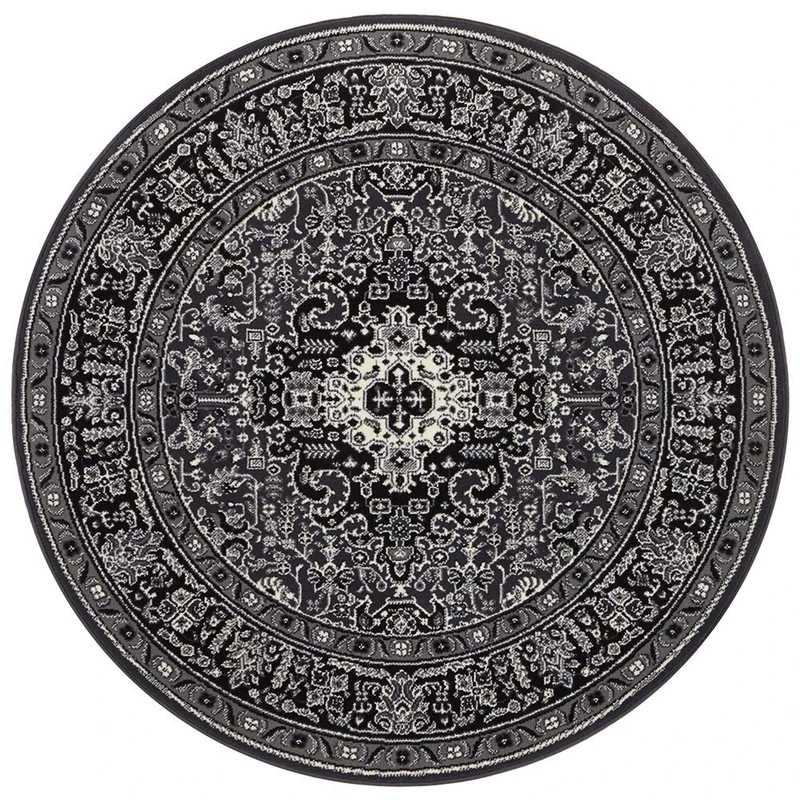 Nouristan Mirkan Oriental Round Rug - Living Room Rug Oriental Short Pile Vintage Oriental Rug for Dining Room, Living Room, Bedroom - Dark Grey, 160 cm