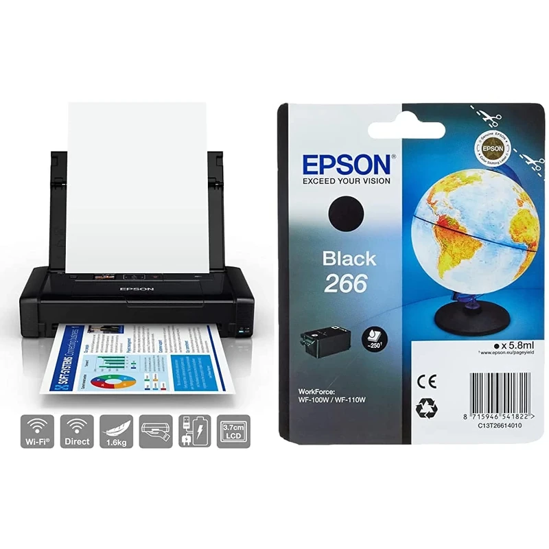 Epson WorkForce WF-110W Portable A4 Inkjet Printer + Ink Cartridge, Black