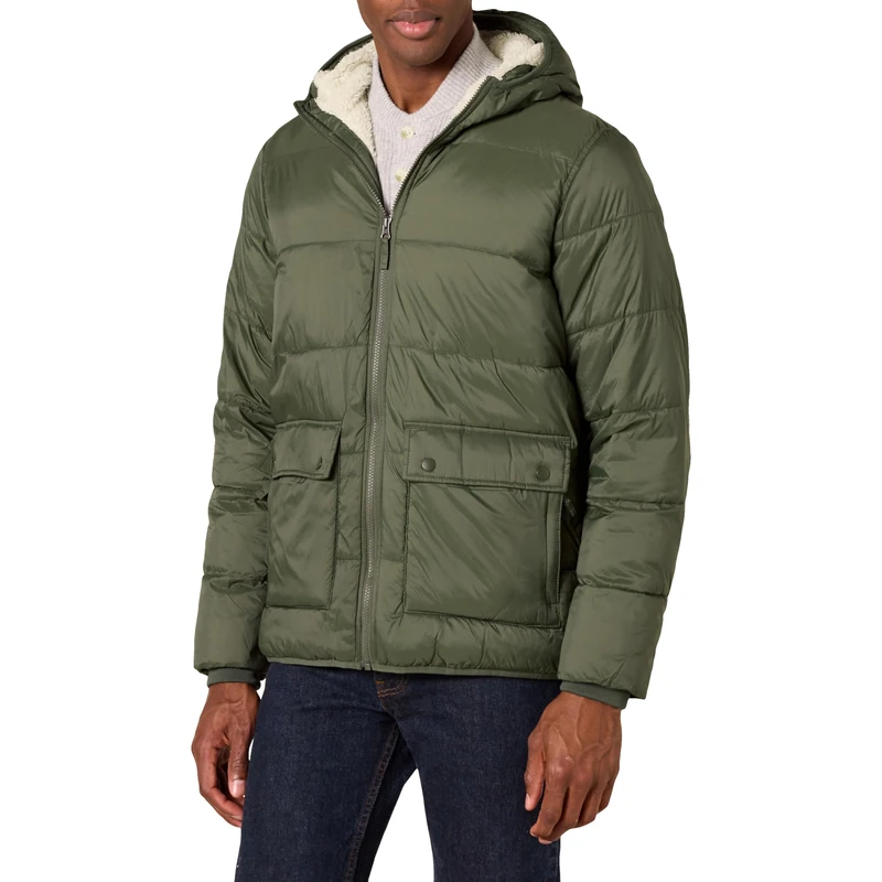 Amazon Essentials Men's Long Sleeve Water-Resistant Sherpa-Lined Insulated Quilted Puffer Jacket, Dark Olive, L
