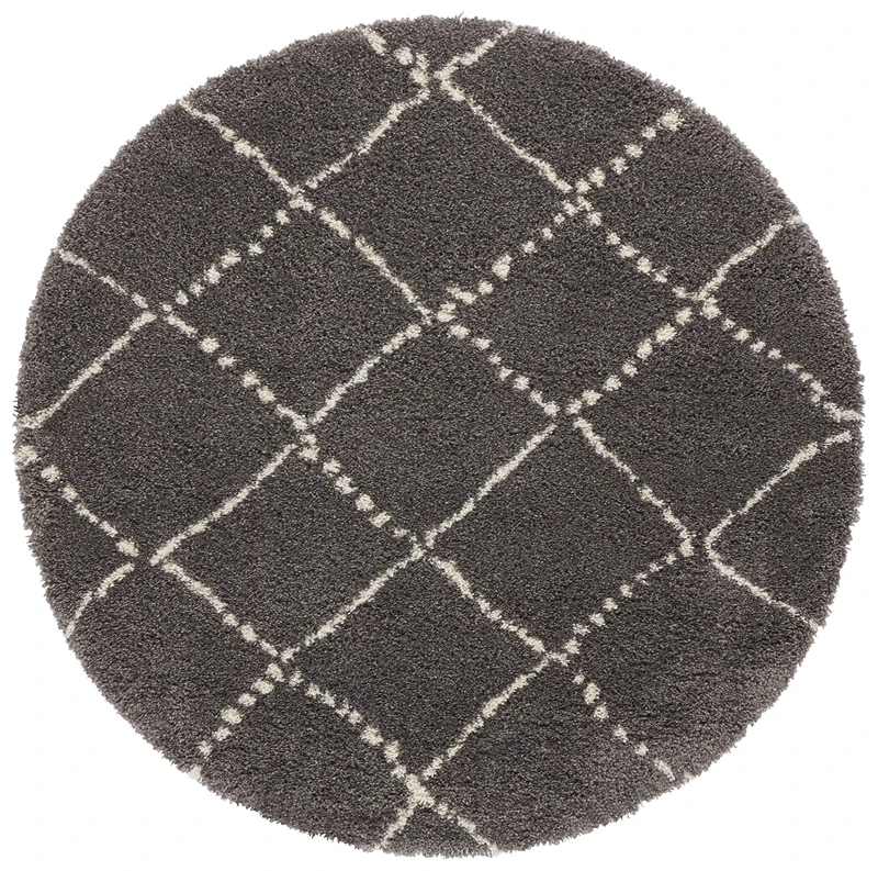 Mint Rugs High Pile Rug Hash Round Soft Fluffy Diamond Pattern Diameter 120 cm 100% Polypropylene Suitable for Underfloor Heating Robust Dark Grey Cream
