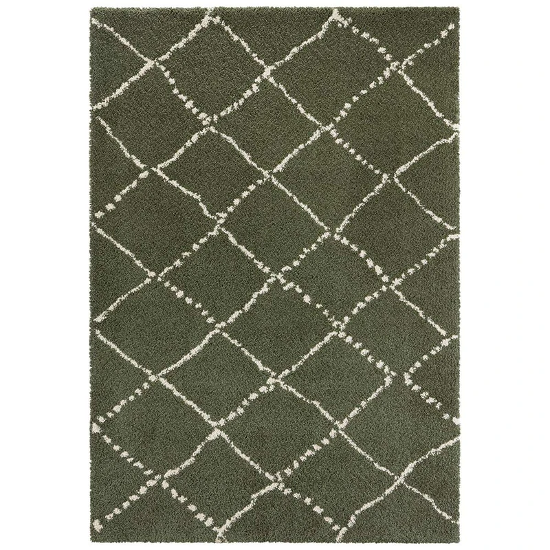 Mint Rugs Hash High Pile Rug Round Soft Fluffy Diamond Pattern Diameter 120 cm 100% Polypropylene Suitable for Underfloor Heating Robust Olive Green Cream