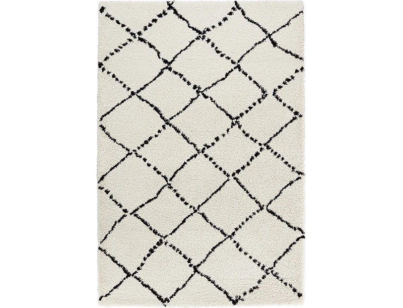 Mint Rugs Allure Round High Pile Living Room Rug Soft Fluffy Long Pile Shaggy Flokati Diamond Pattern for Living Room Kitchen Hallway or Bedroom Cream-Black Diameter 120 cm