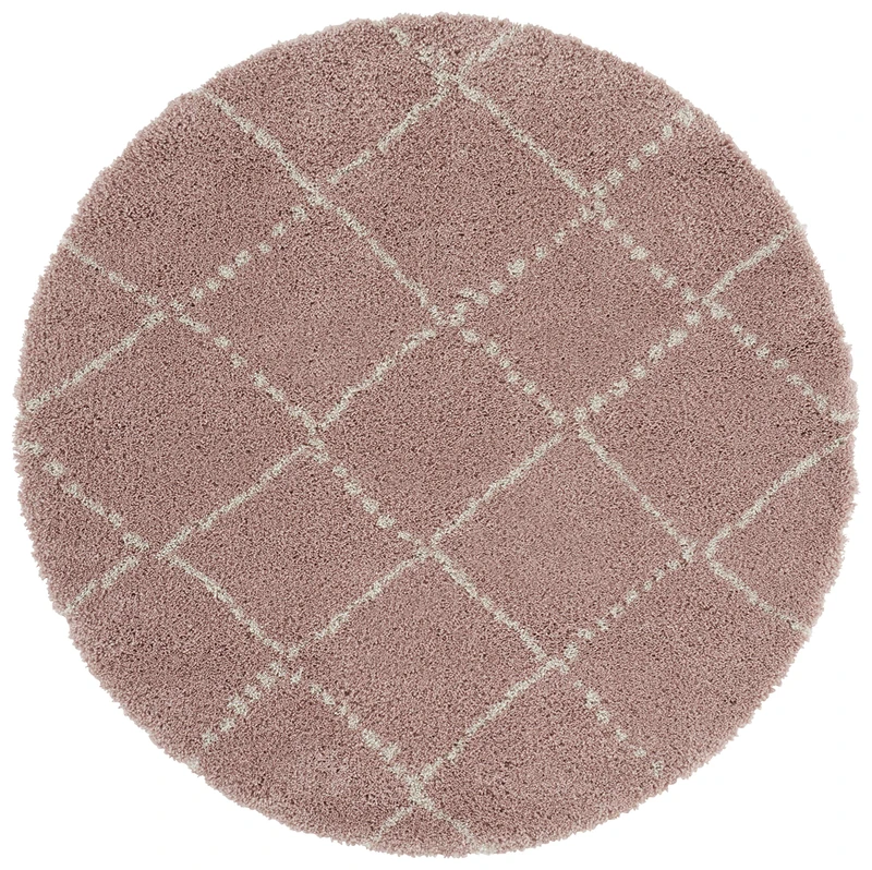 Hash Rug Round High Pile Living Room Rug Soft Fluffy Long Pile Shaggy Flokati Diamond Pattern for Living Room Kitchen Hallway or Bedroom Pink Cream Diameter 120 cm