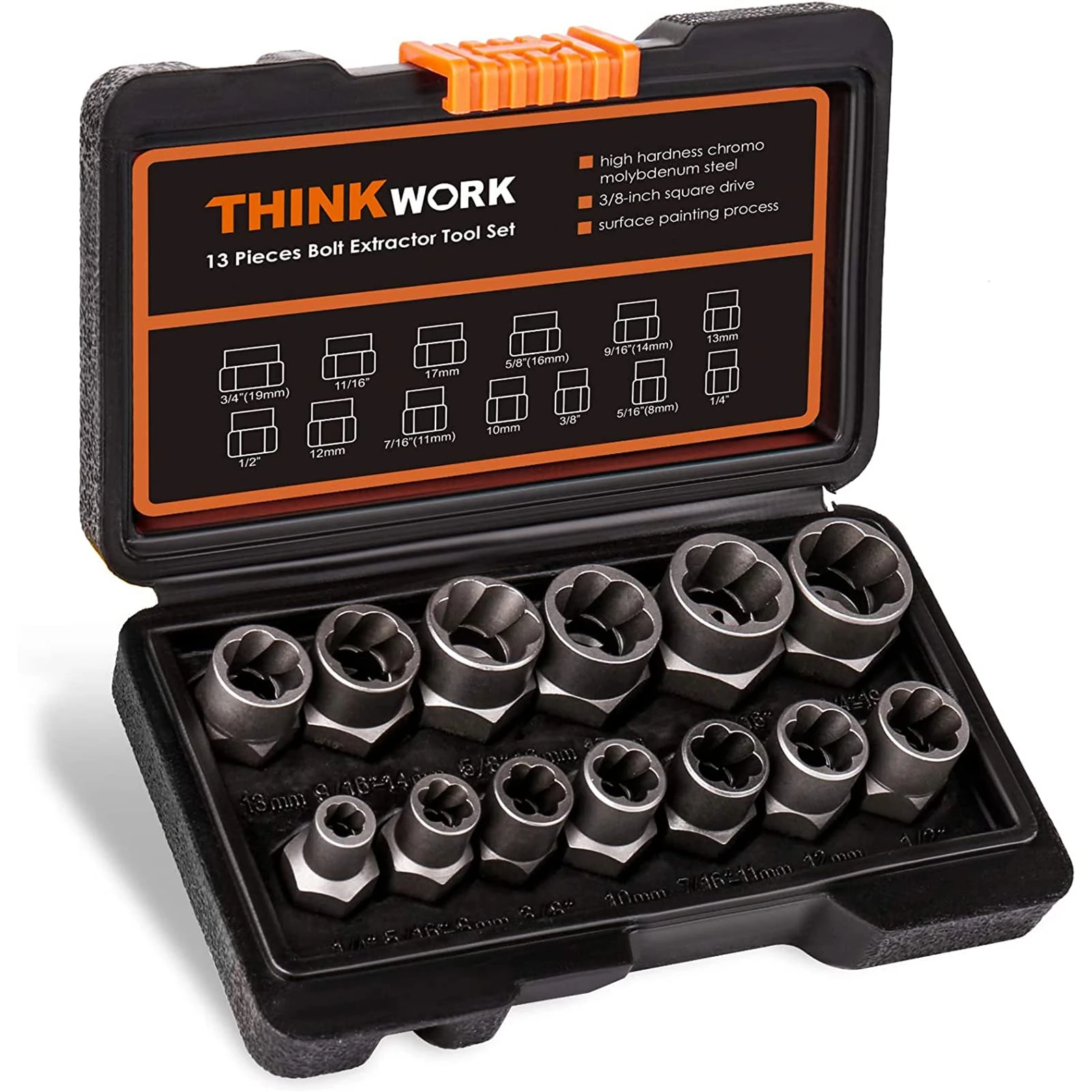 THINKWORK Impact Bolt Extractor Set, 13-Piece Bolt & Nut Remover Set, Stripped Bolt Extractor Socket Set, Bolt Extractor Tool Set for Removing Damaged, Frozen, Rusted, Rounded-Off Bolts, Nuts & Screws