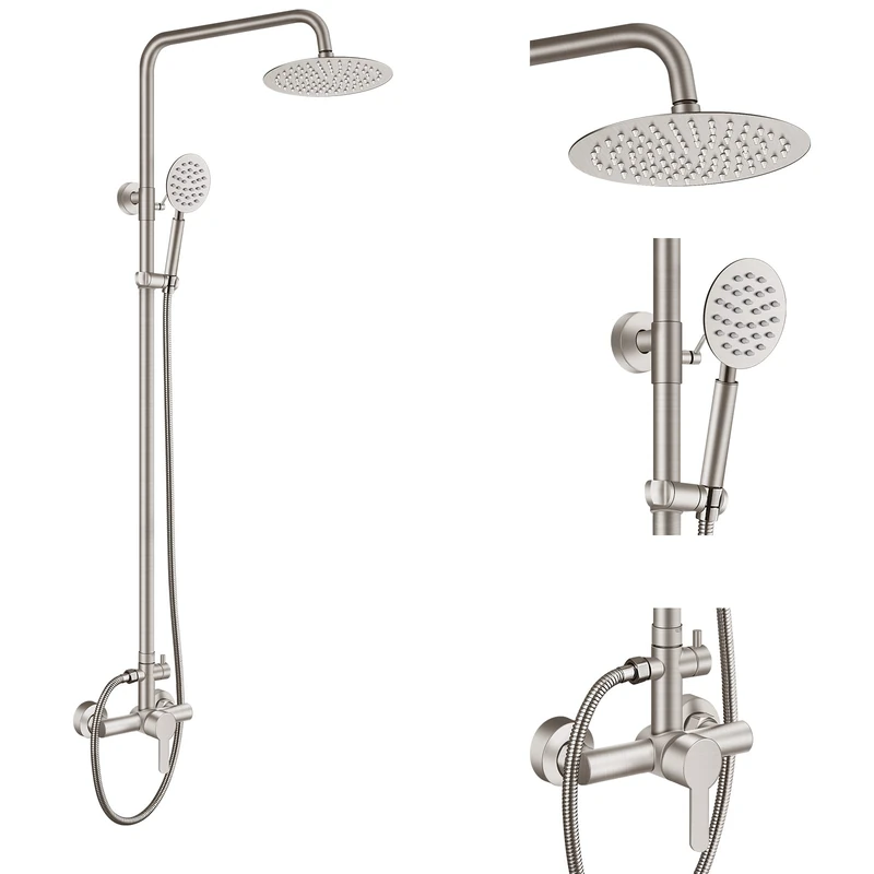 Aolemi Outdoor Shower Set SUS304 Stainless Steel 8 inch Rainfall Shower Head High Pressure Hand Spray Wall Mount 2 Dual Function Brushed Nickel Single Handle Shower Systems
