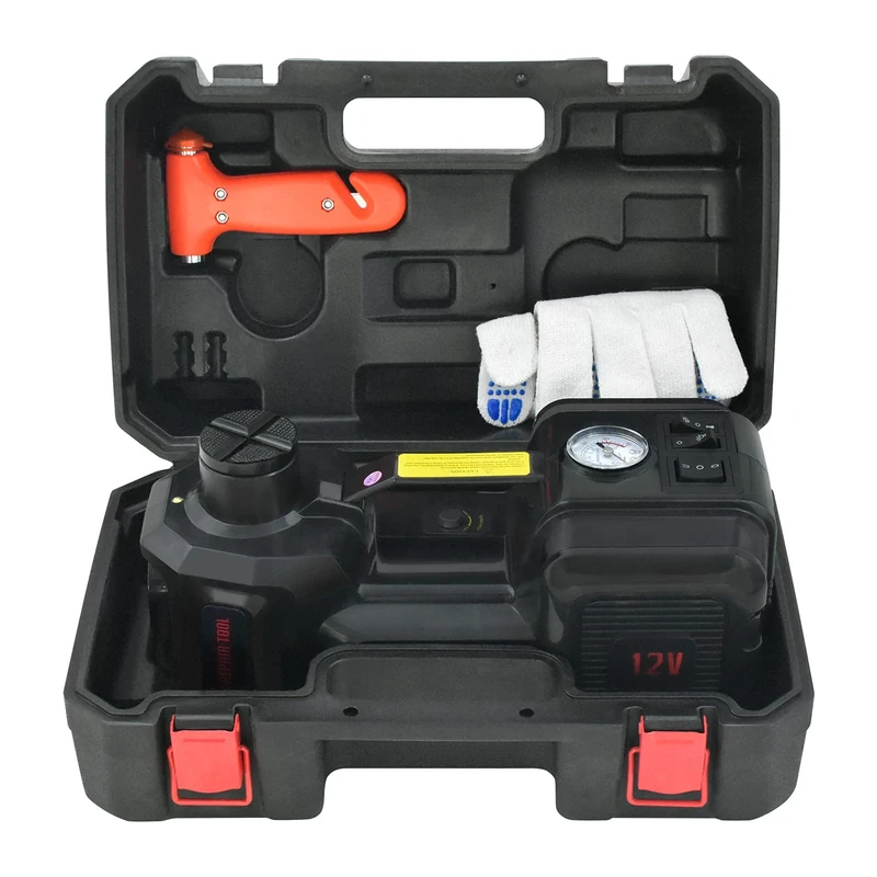 E-HEELP 12V DC 5T(11000lb) Électrique Hydraulique Vérin De Sol Et Pompe Gonfleur De Pneus Et Lampe De Poche LED 3 En 1 Avec Clé À Impact Électrique Kit De Réparation De Voiture