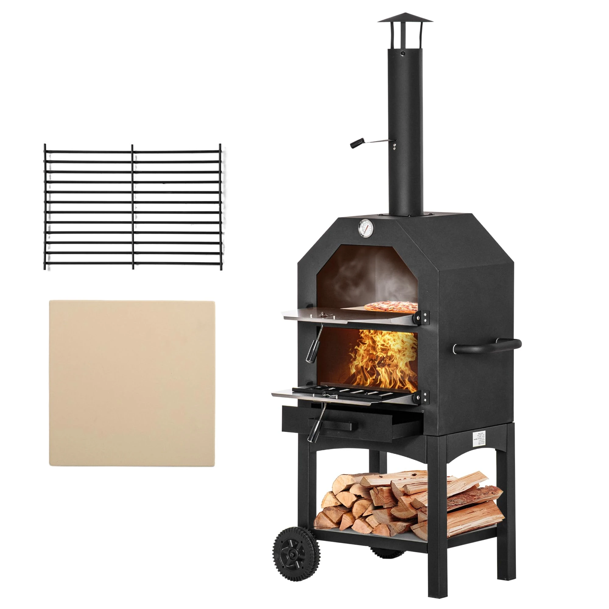 Outsunny Outdoor Garden Pizza Oven Charcoal BBQ Grill 3-Tier Freestanding w/Chimney, Mesh Shelf, Thermometer Handles, Wheels Garden Party Gathering Stainless Steel Cooker