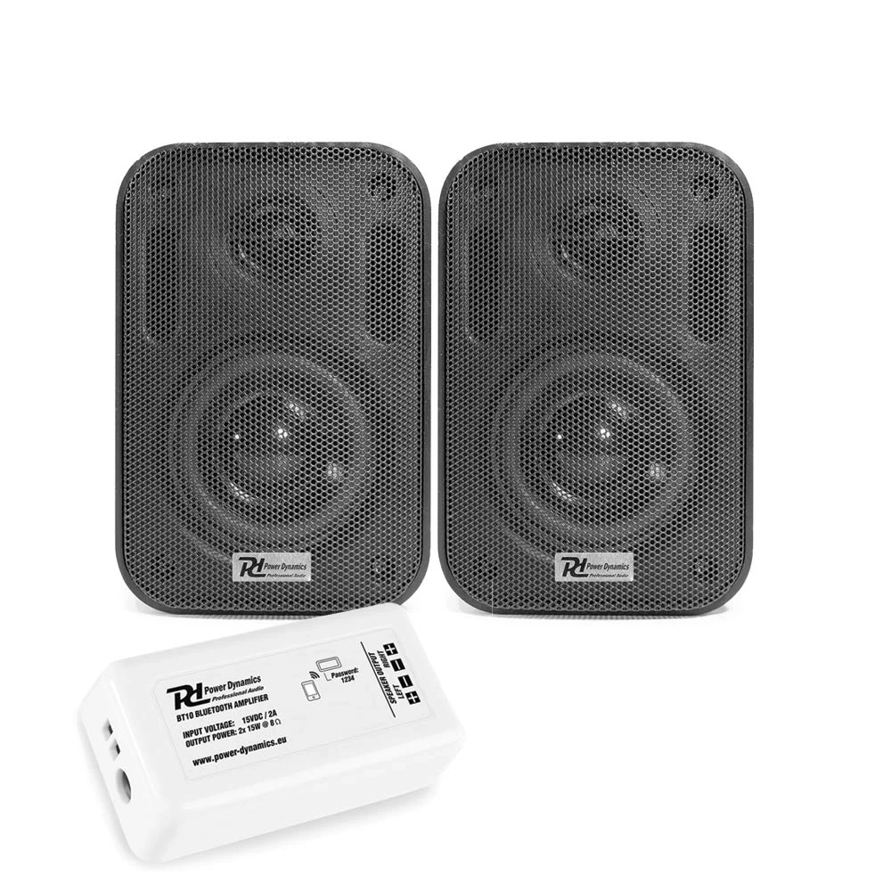 Power Dynamics Bluetooth Wall Speakers Set with Compact Bluetooth Amplifier, Indoor Outdoor Waterproof Speaker System IP56 Rated, 3 Inch Wall Mounted Speakers, for Schools, Restaurants & Gyms, Black